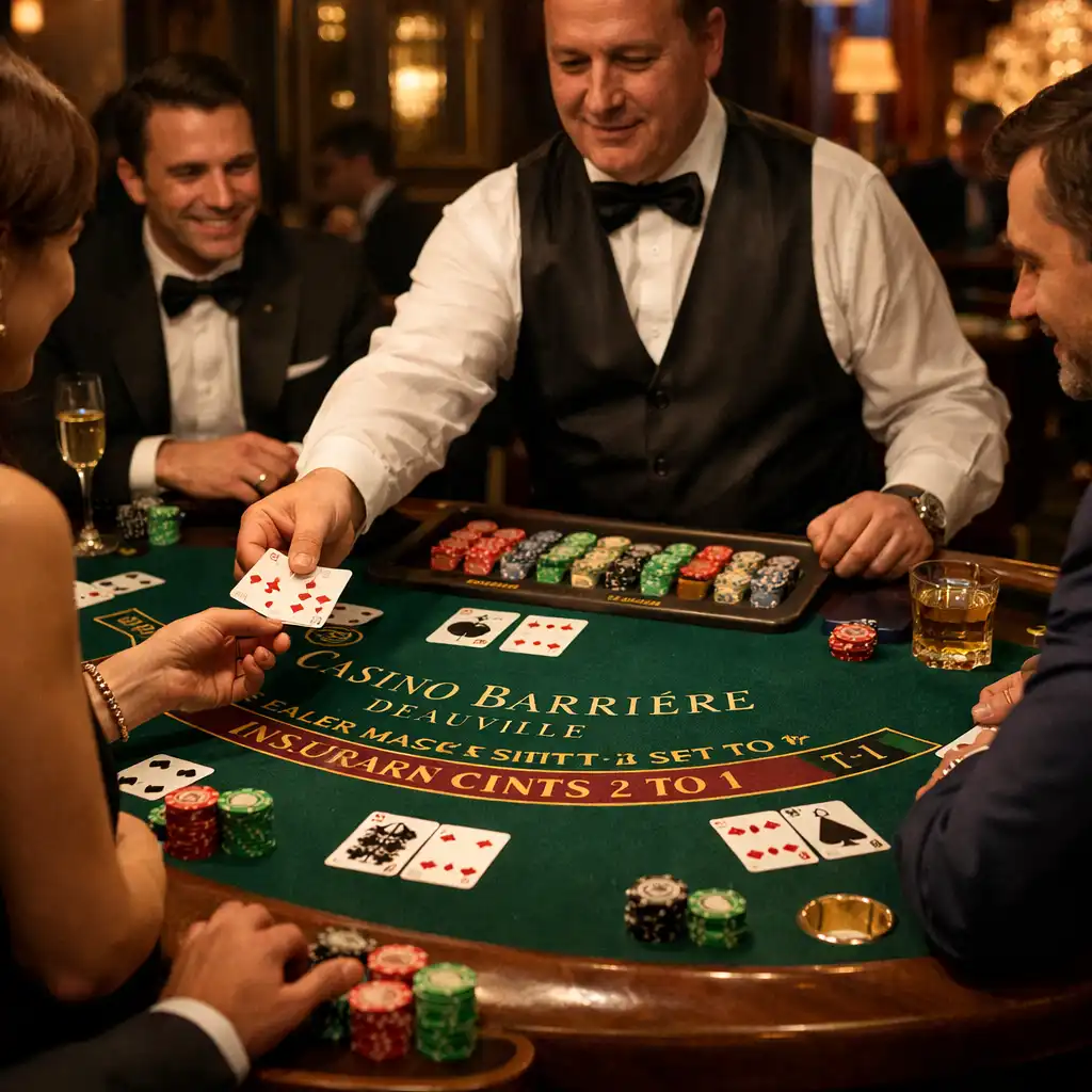 Table de blackjack avec cartes et jetons au Casino Barrière Deauville