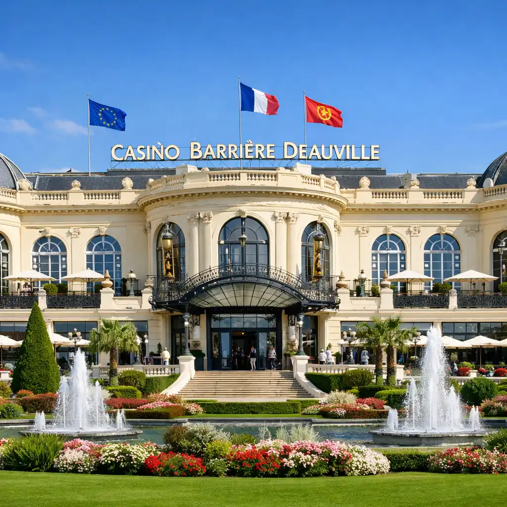 Façade illuminée du Casino Barrière Deauville au cœur de la ville