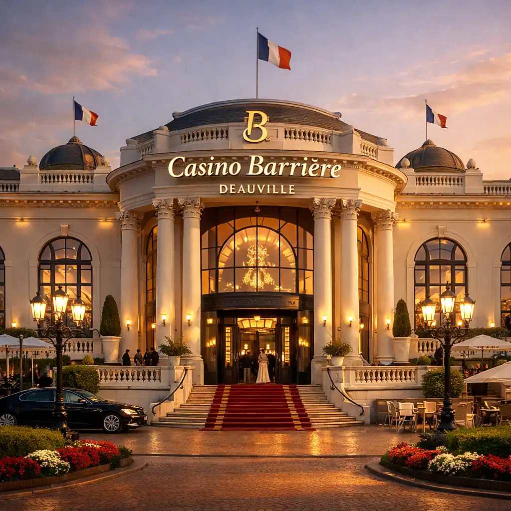 Entrée illuminée du Casino Barrière Deauville en soirée