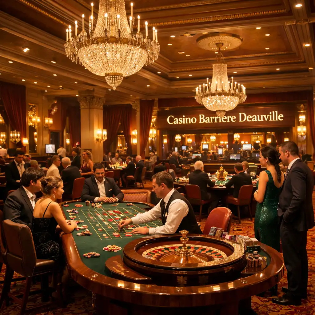 Salle de jeux élégante du Casino Barrière Deauville avec tables de jeux et éclairage raffiné