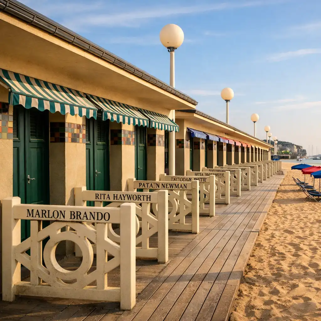 Cabines de plage iconiques de Deauville alignées le long des Planches