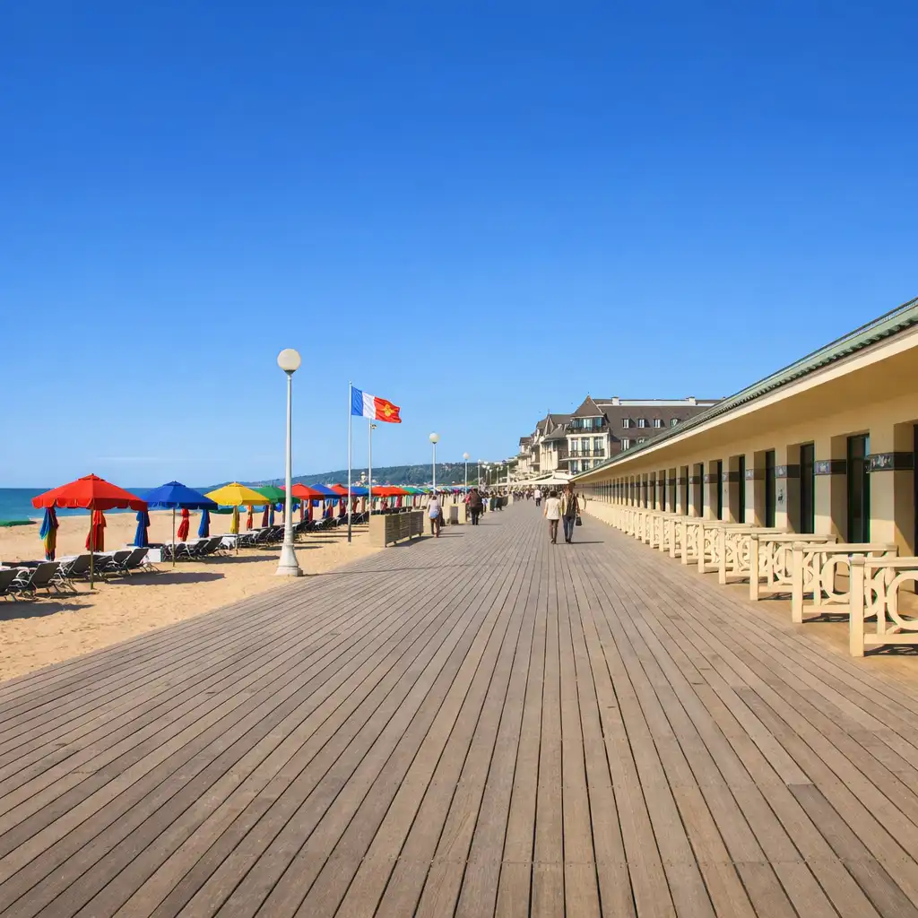 Vue élégante des Planches de Deauville bordant la plage, près du Casino Barrière Deauville