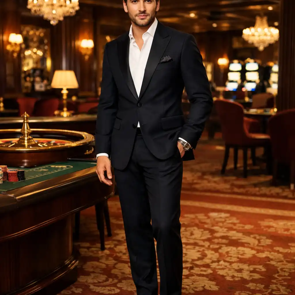 Homme en tenue de soirée élégante au Casino Barrière Deauville