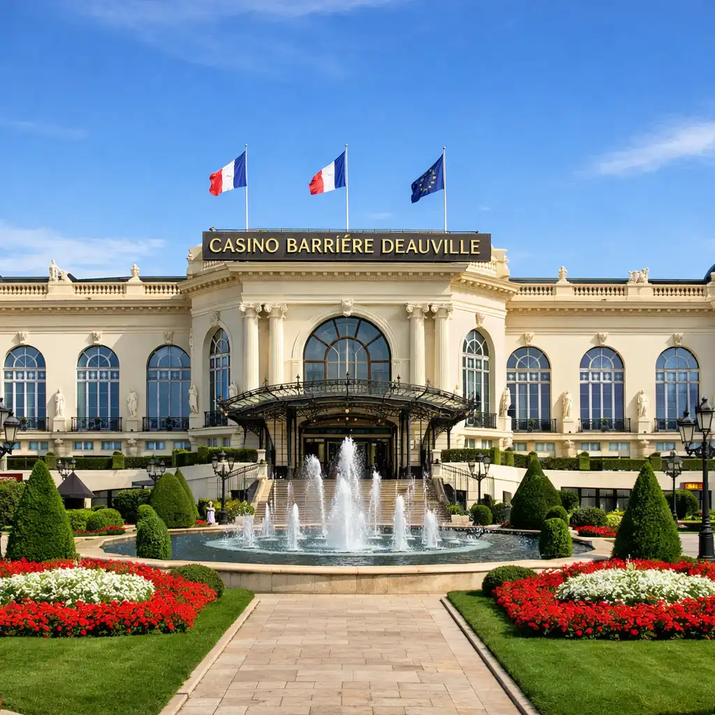 Façade illuminée du Casino Barrière Deauville au bord de la mer