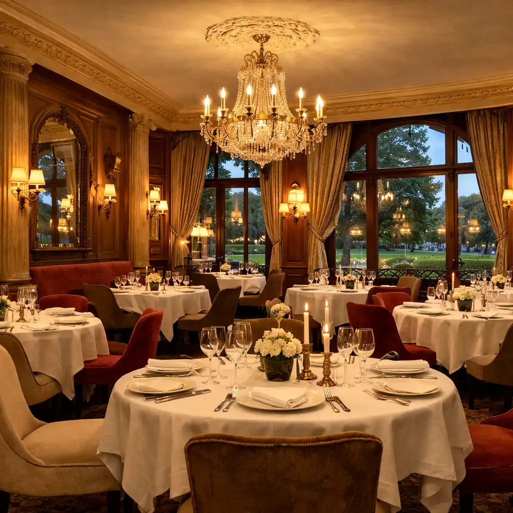 Salle du restaurant Le 2 au Casino Barrière Deauville avec vue sur le parc