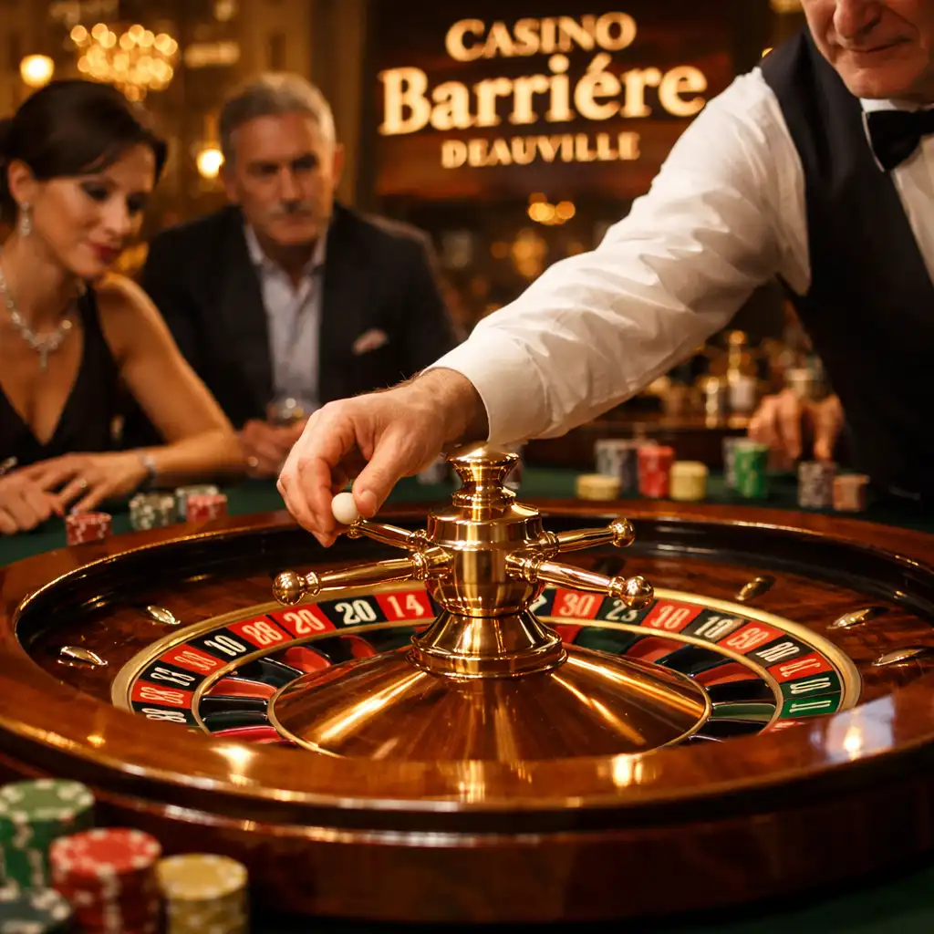 Roulette en action avec jetons colorés sur la table au Casino Barrière Deauville